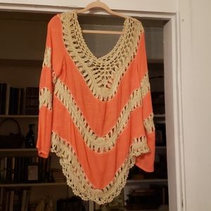 Cover up with cream crochet and coral gauze SZ M